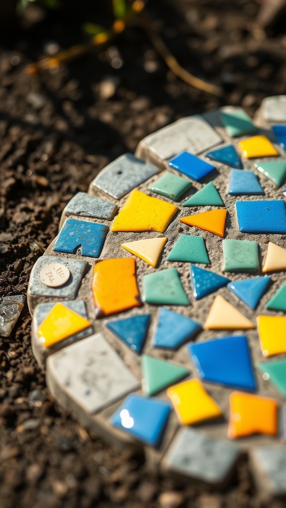 Mosaic stepping stone with colorful ceramic pieces