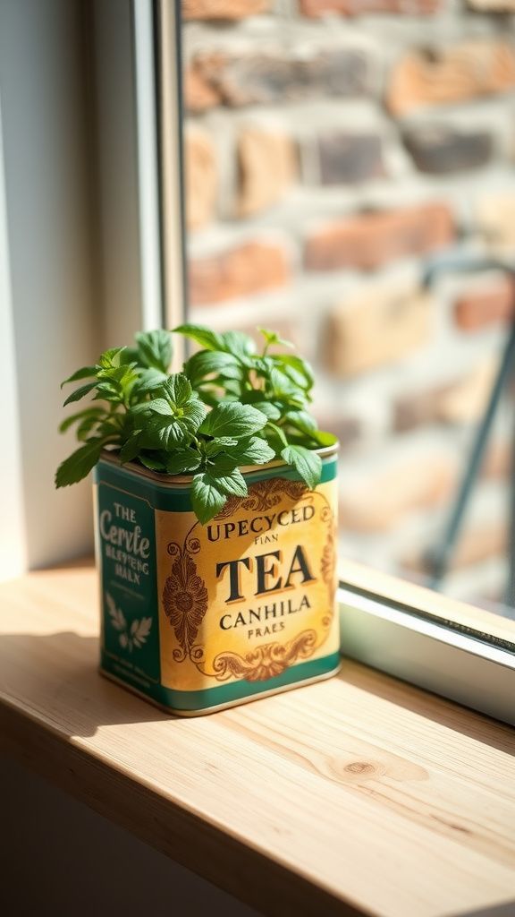 Upcycled tea tin planter with vintage charm