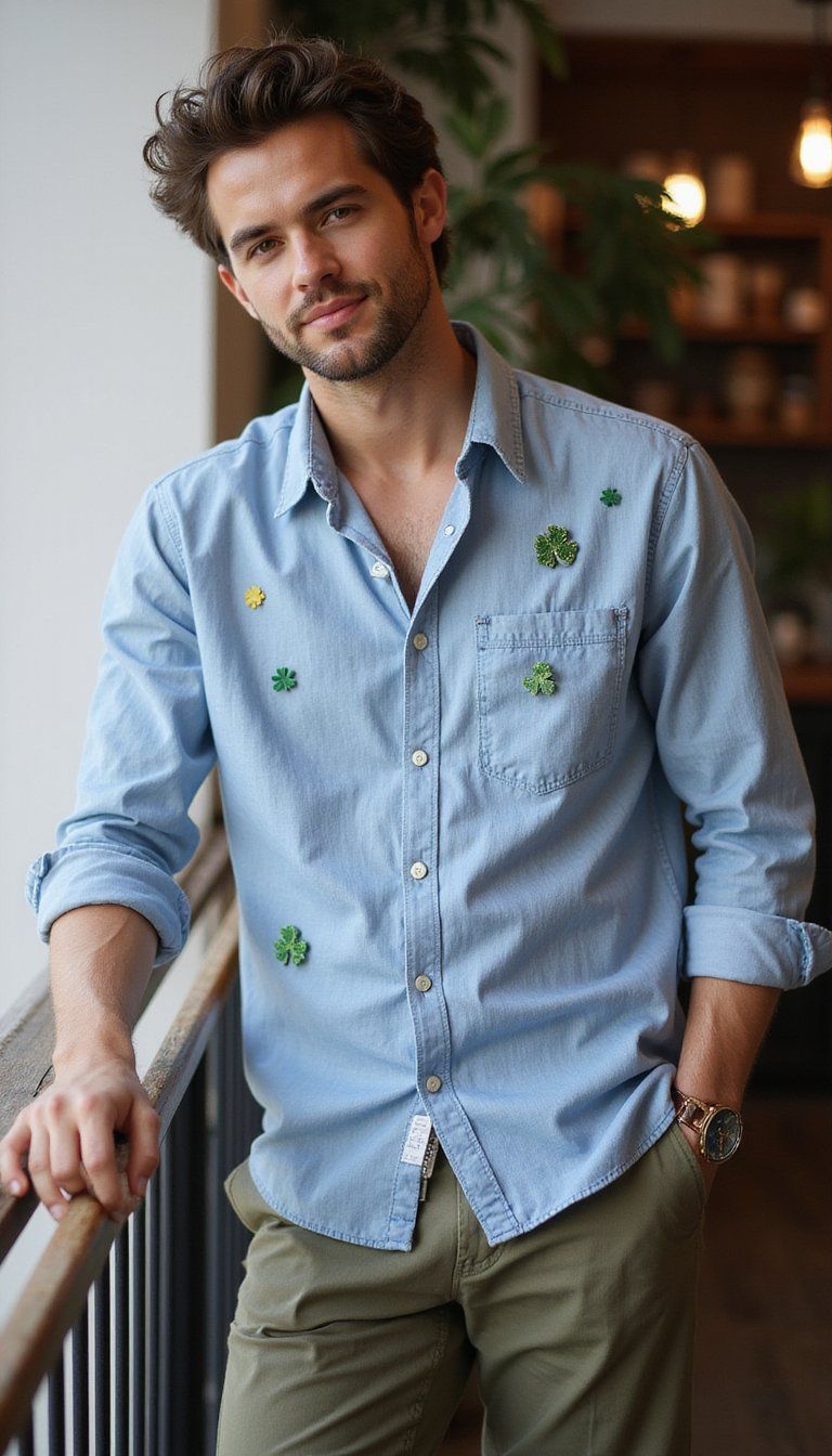 Chambray Shirt with Shamrock Pins