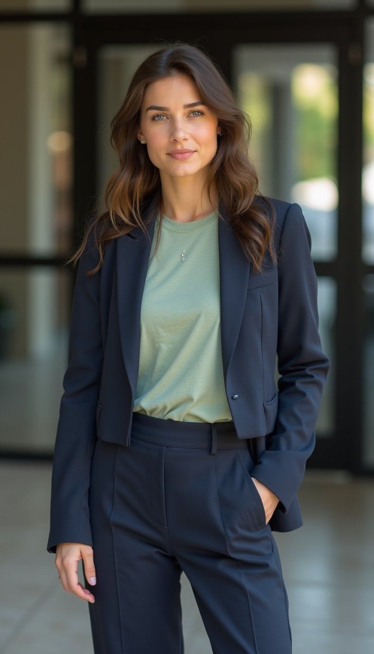 Cropped Blazer with Green Tee