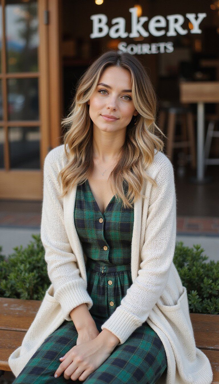 Green Plaid Dress with Cardigan