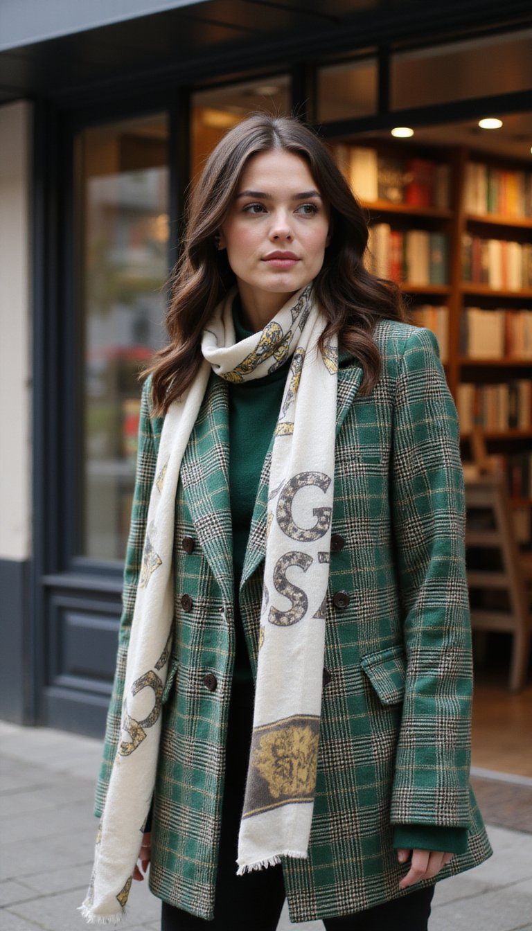 Plaid Blazer and Graphic Scarf