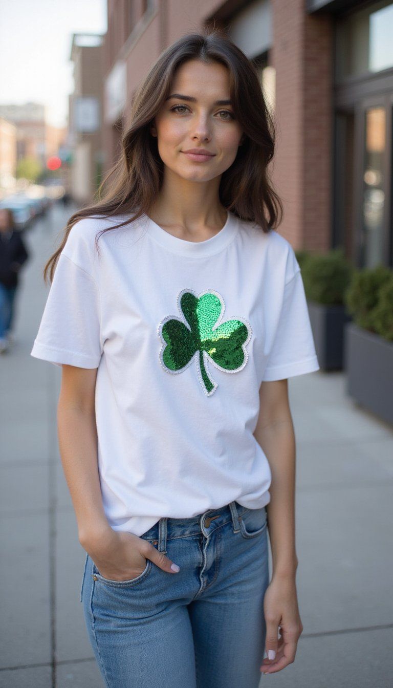 Sequin Shamrock Tee and Jeans