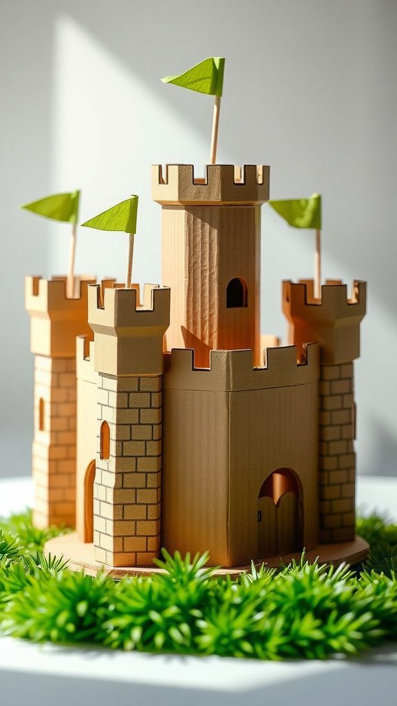 Cardboard castle with tiny green flags