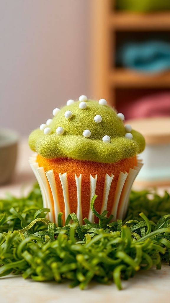 Felt cupcake disguised as grassy knoll