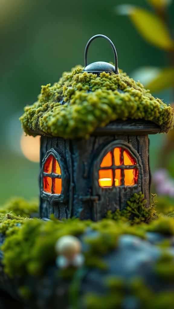 Lantern hut with moss roof and glow