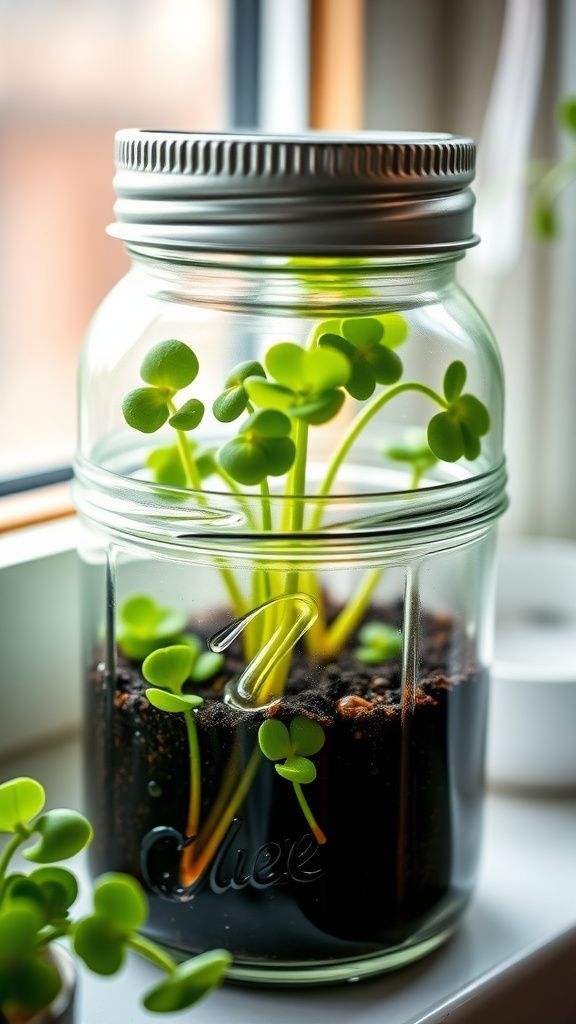 Mason jar greenhouse filled with clover