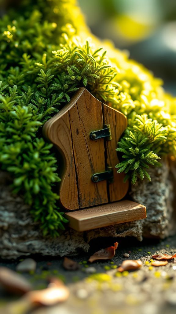 Miniature fairy door beneath mossy stones