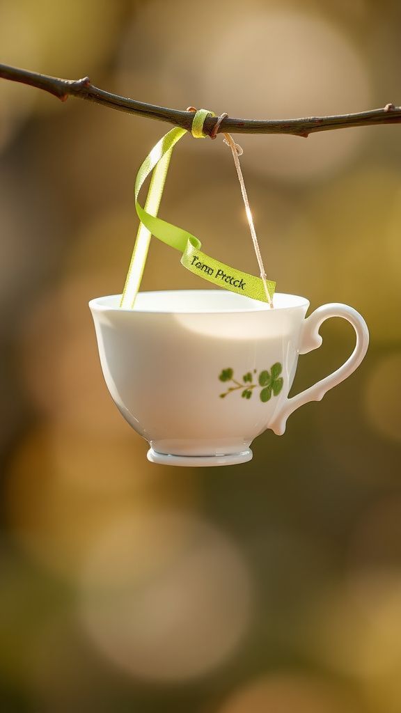 Suspended tea mug swing with ribbon banner