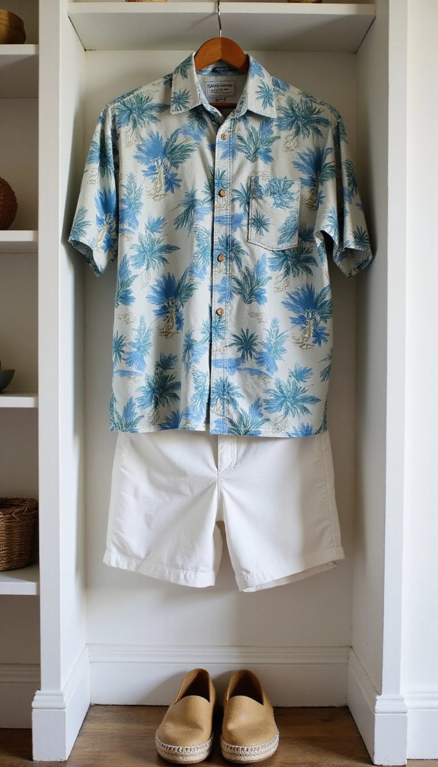 Hawaiian shirt with tailored swim trunks—fun and casual