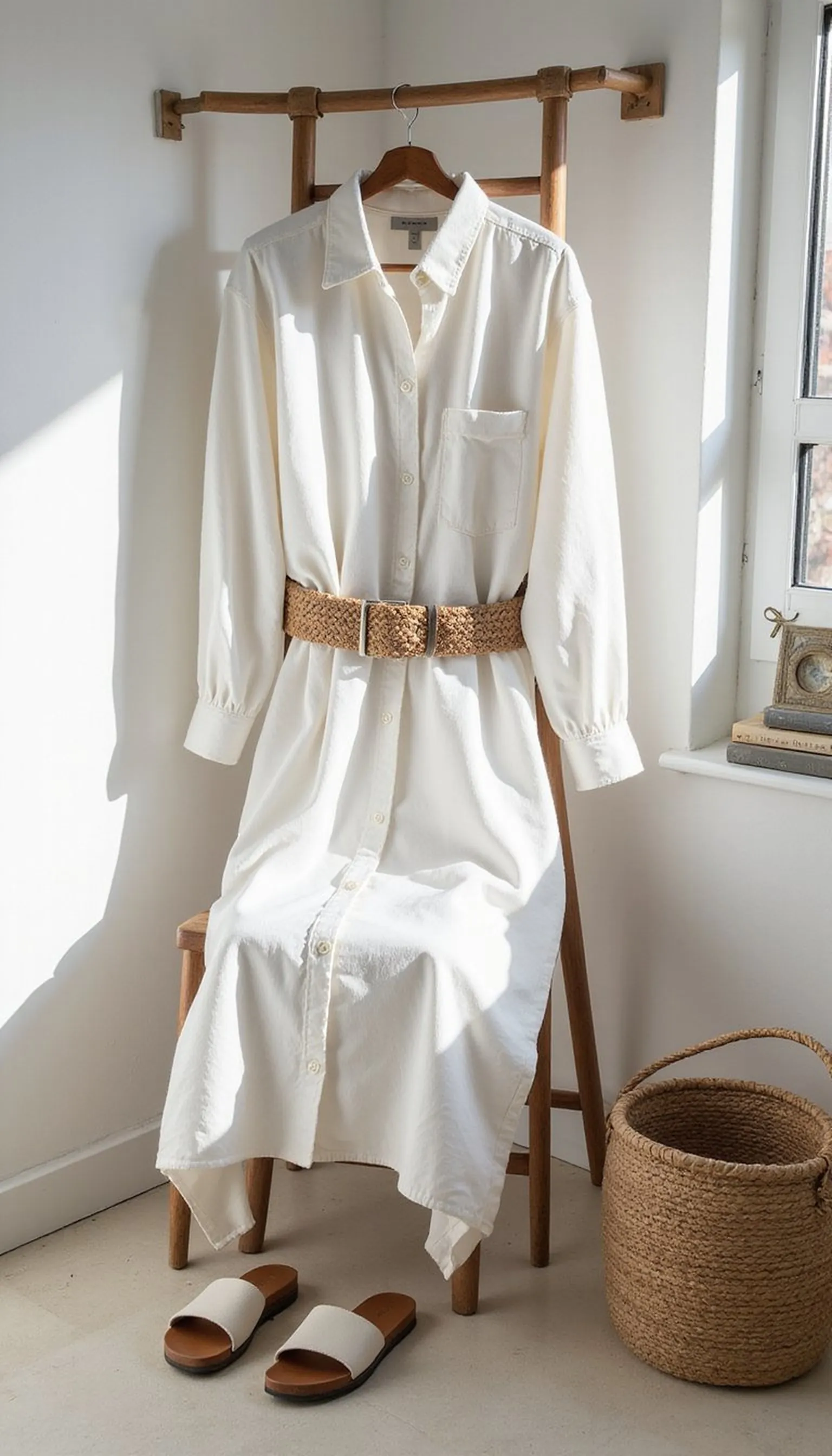 Oversized button-down worn as a beach dress