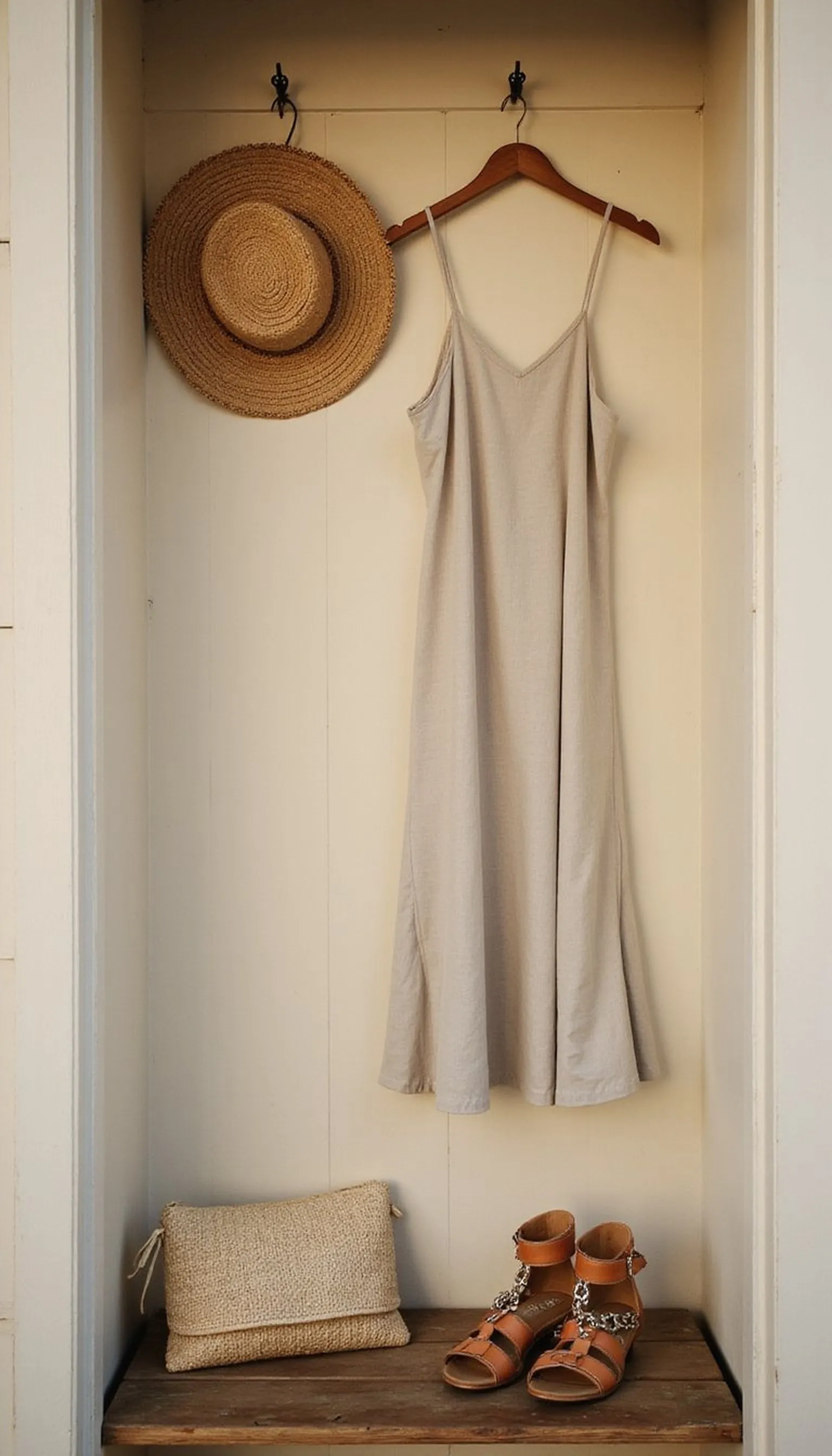 Slip dress paired with a wide-brim straw hat