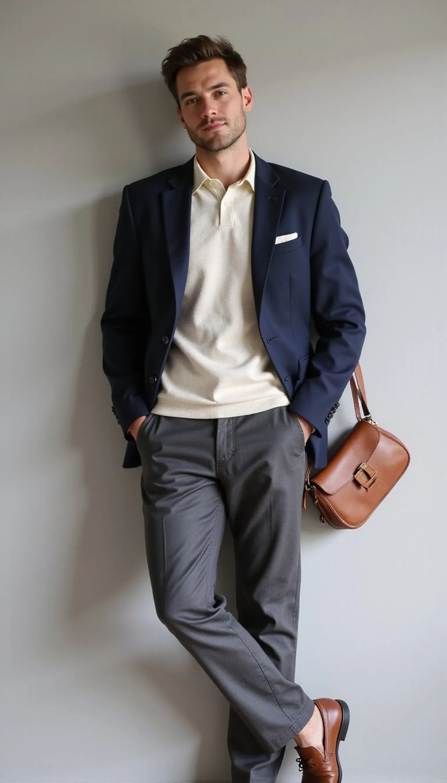 Casual blazer with knit polo and trousers