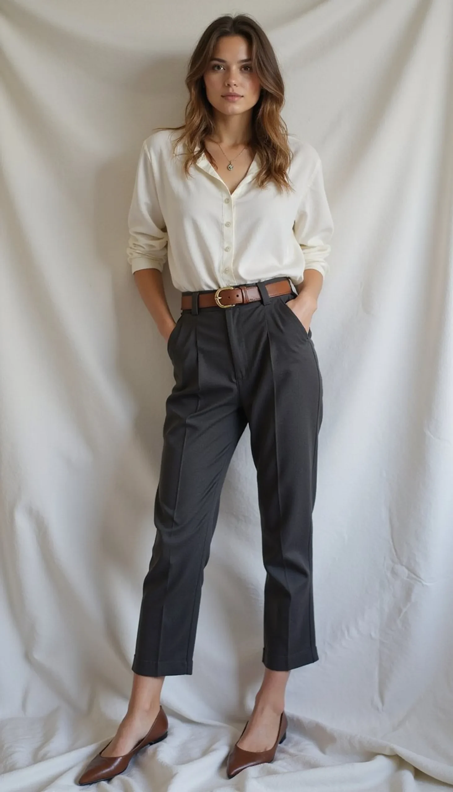 High-waisted trousers and tucked lightweight top