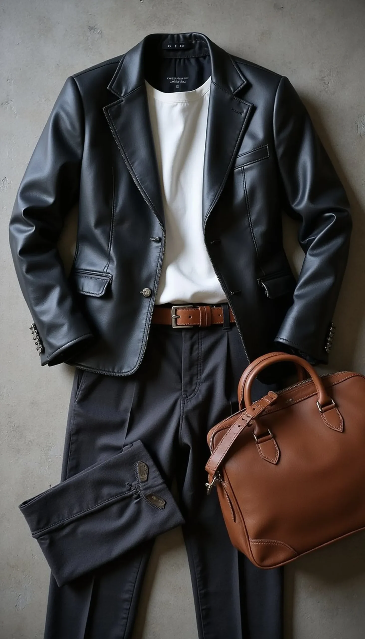 Leather jacket and tailored pants for edge at work