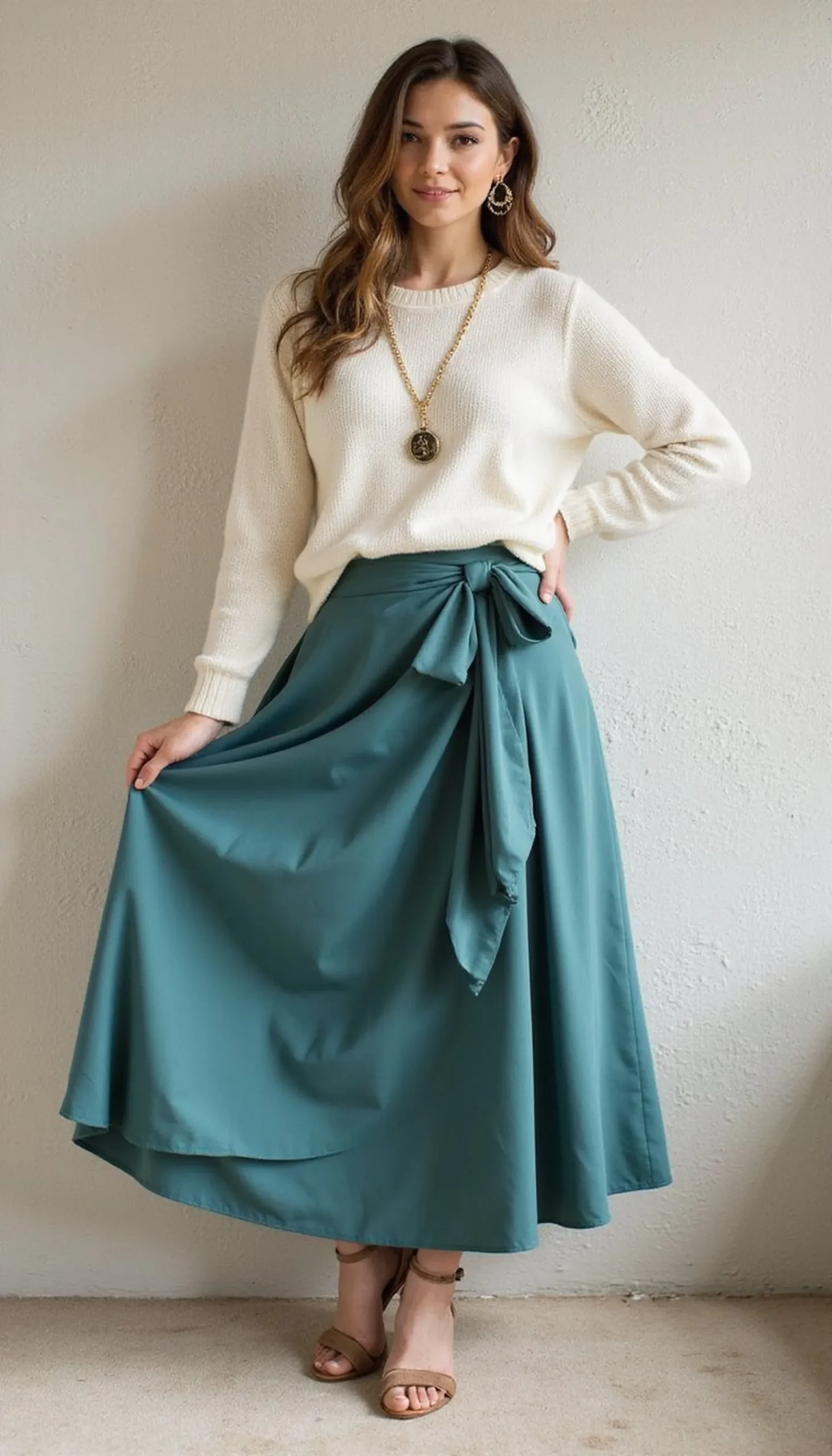 Midi wrap skirt and lightweight sweater combo