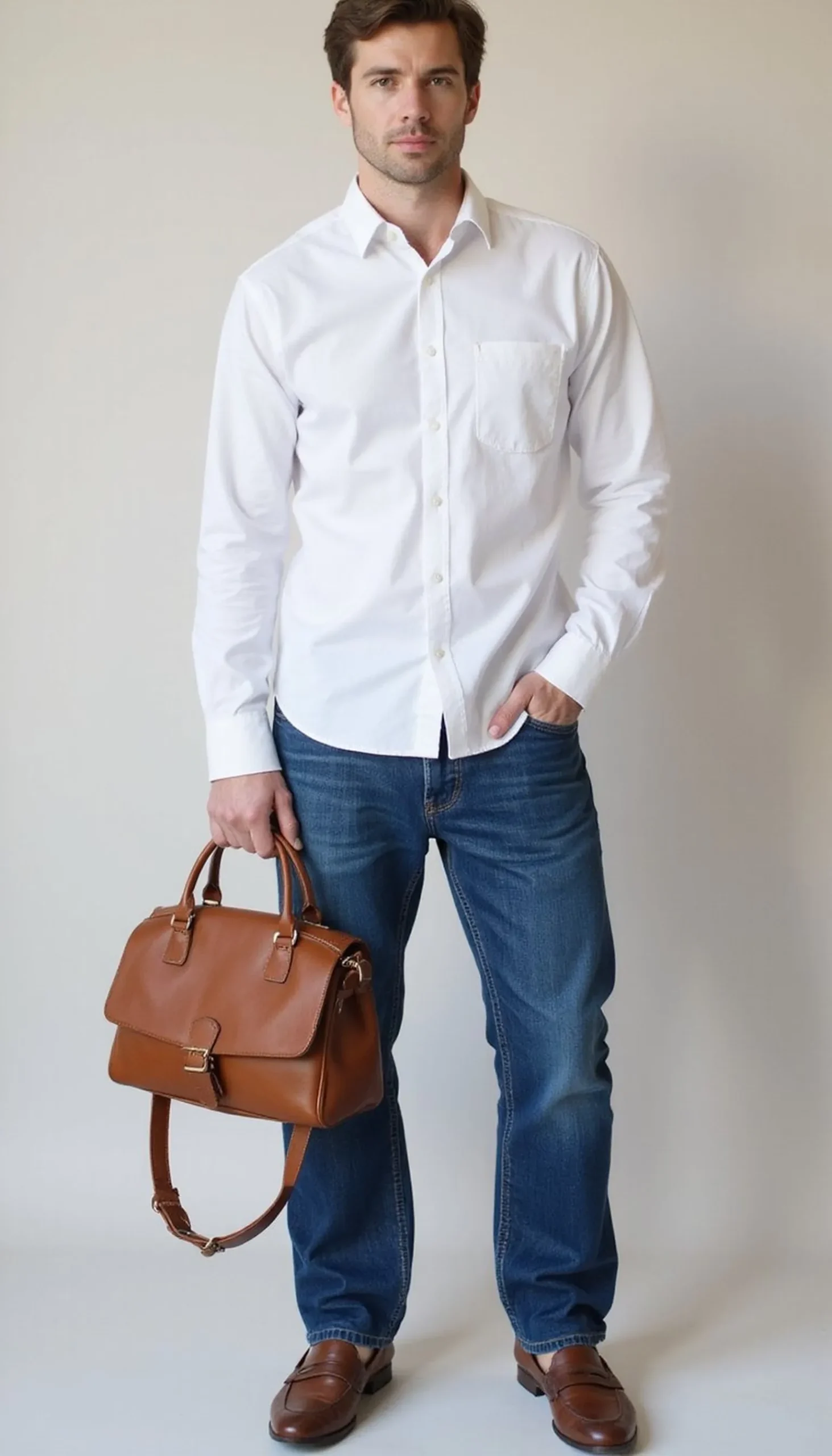 Minimalist shirt and straight-leg jeans for creative days