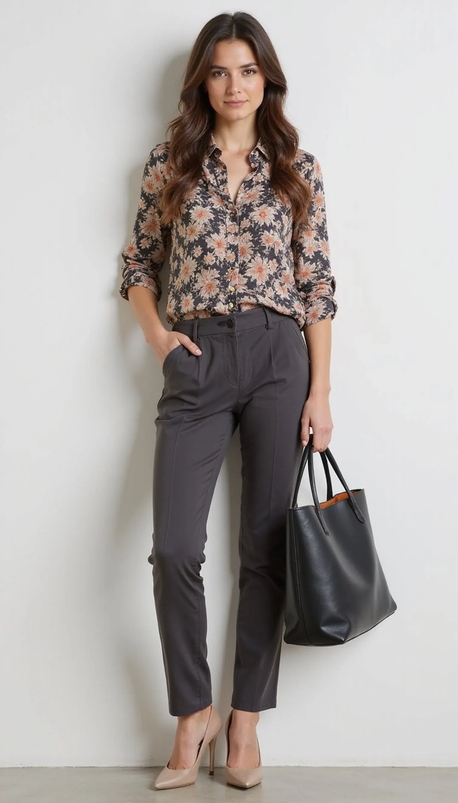 Printed blouse and solid trousers: subtle personality
