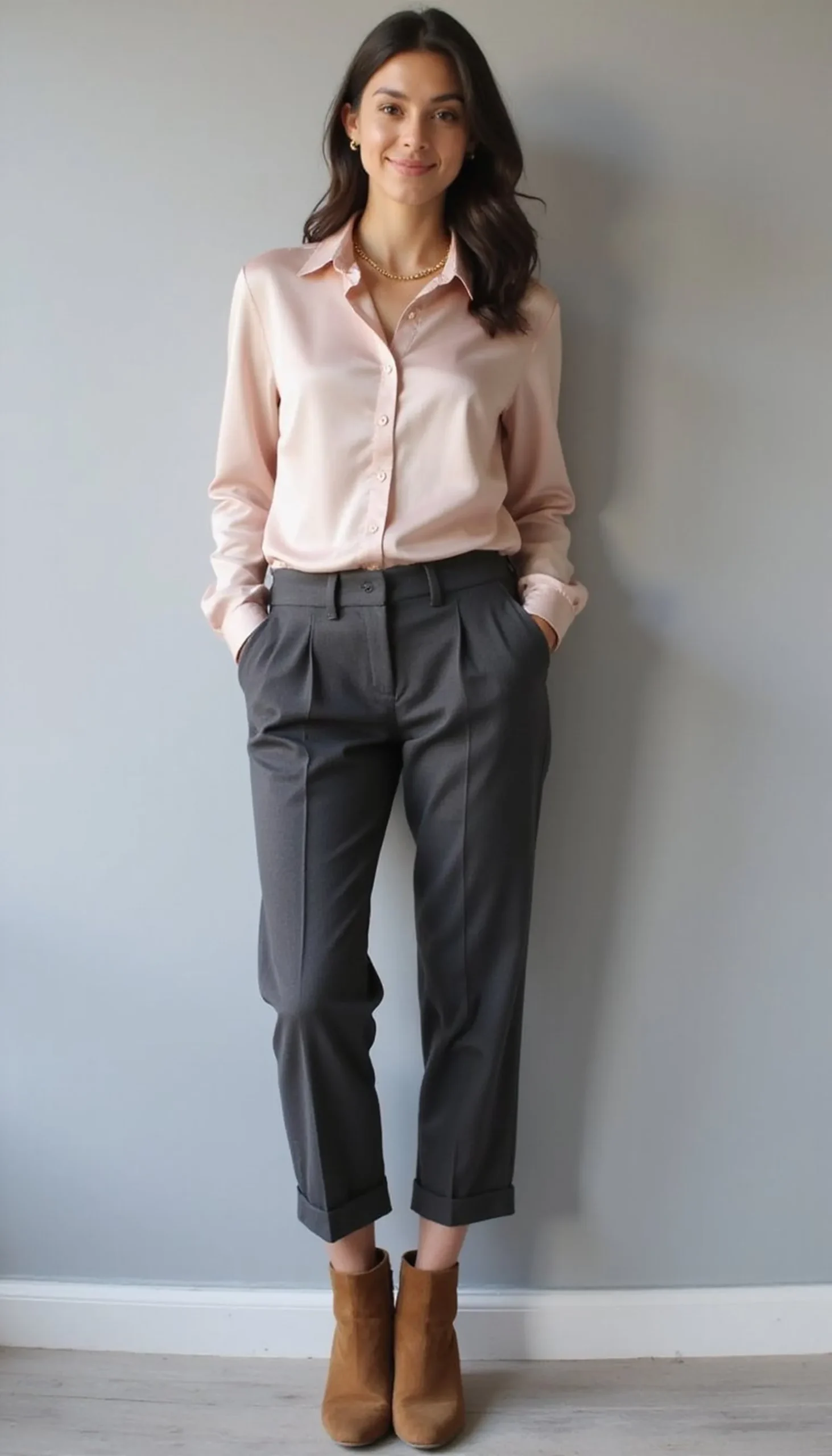 Silk blouse paired with cropped tailored trousers