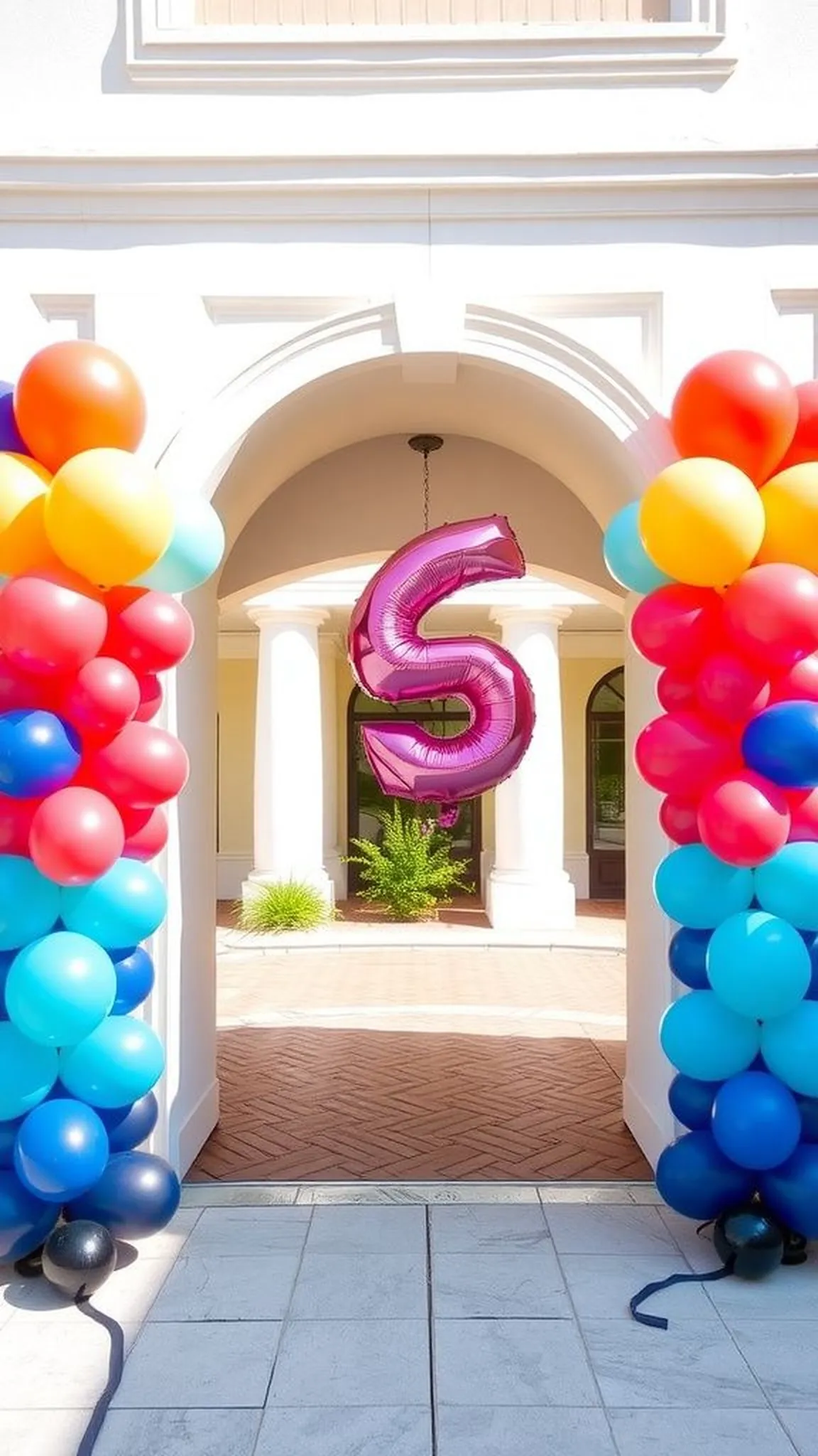 Balloon number columns framing the entrance photo spot