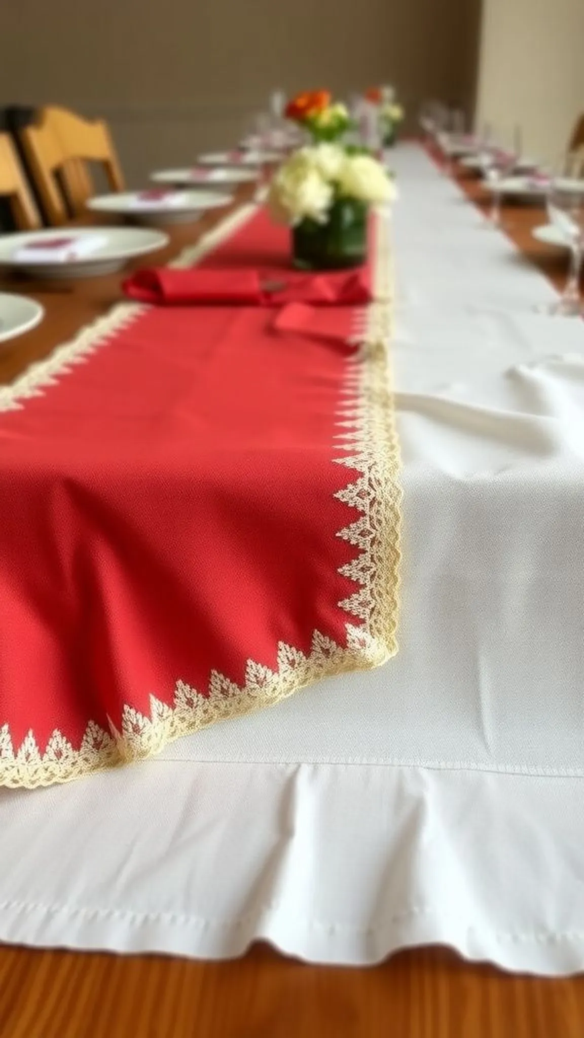 Class color table runner with layered fabrics and trim