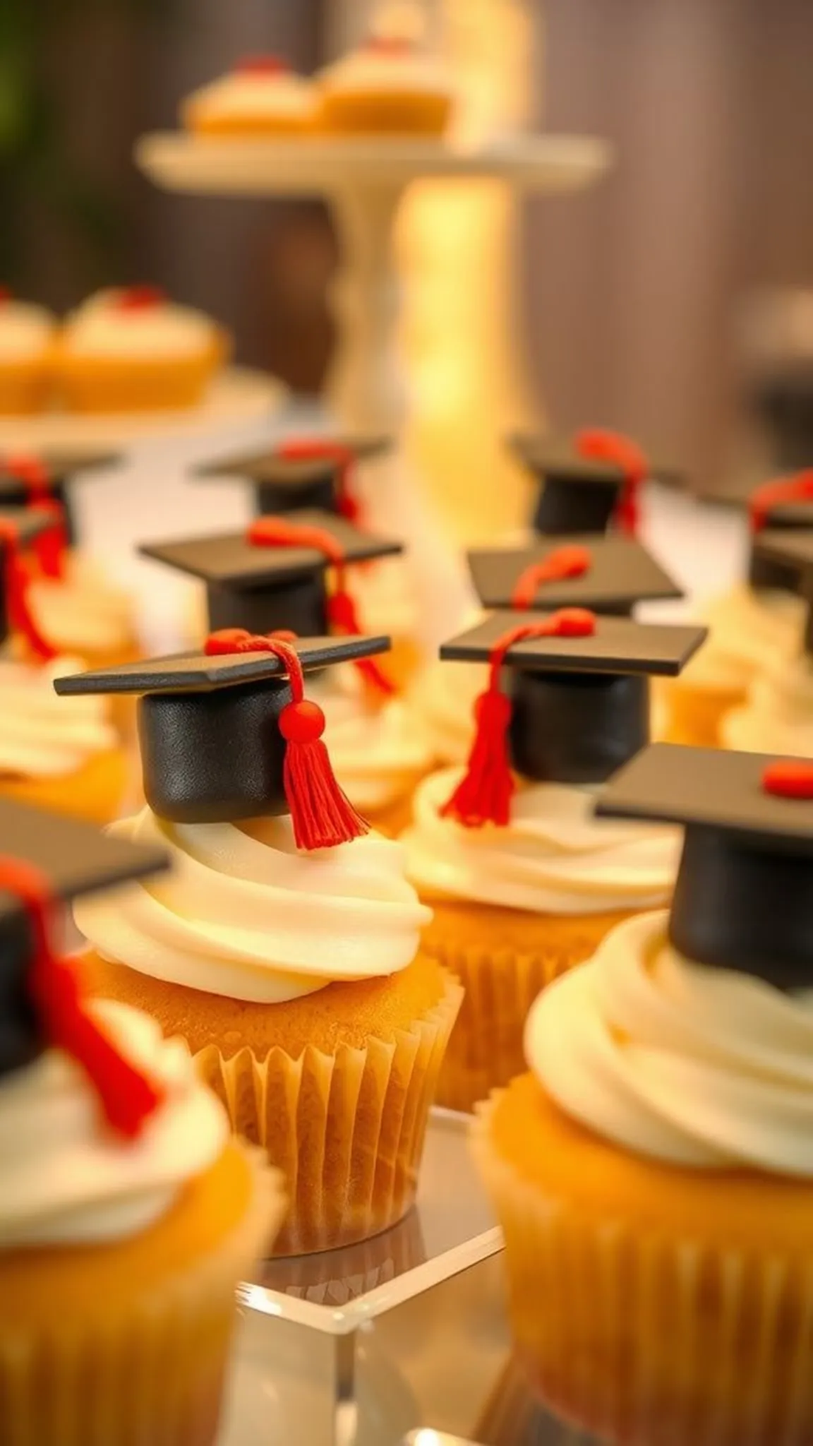 Cupcake toppers styled as miniature mortarboards and bows