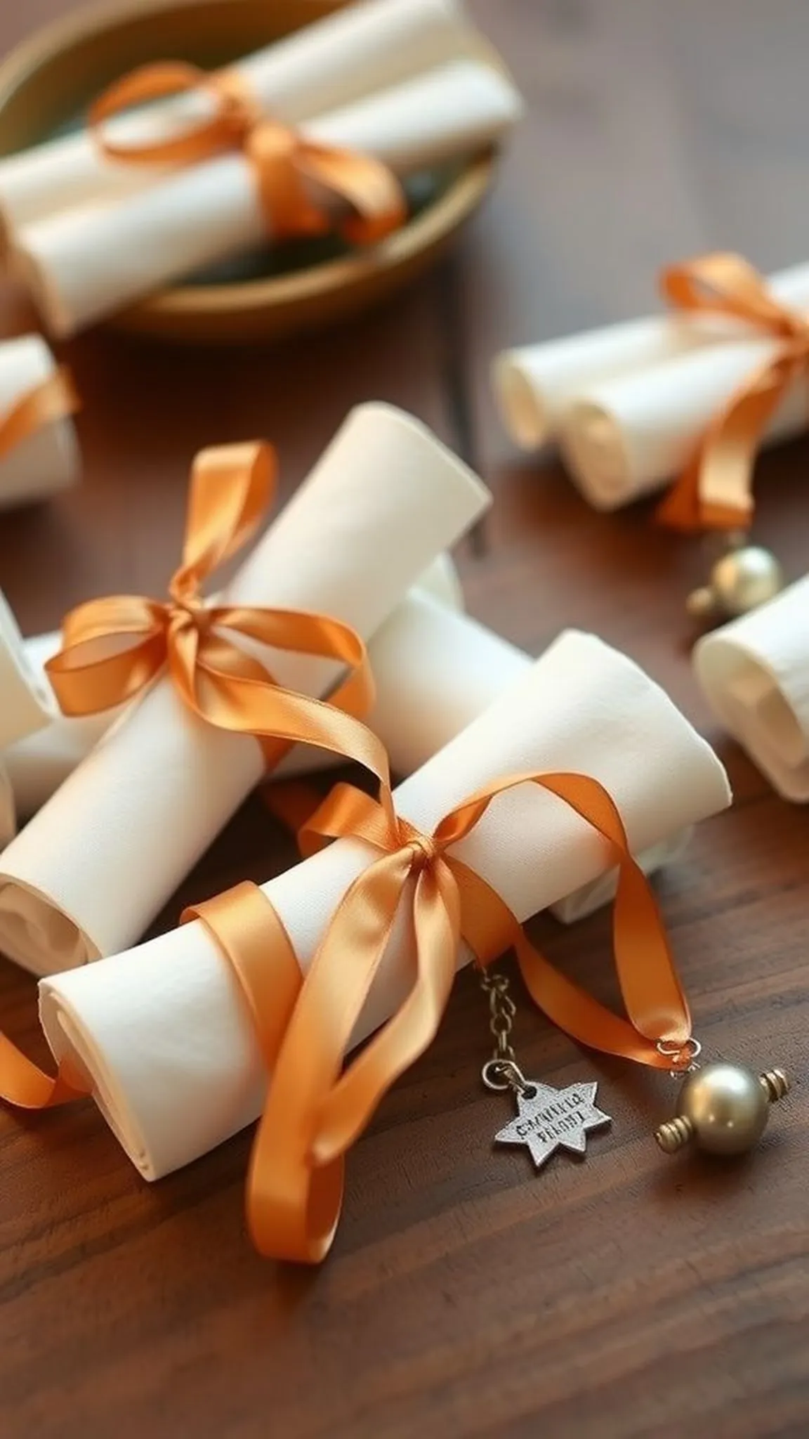 DIY diploma scroll favors tied with ribbon and charm