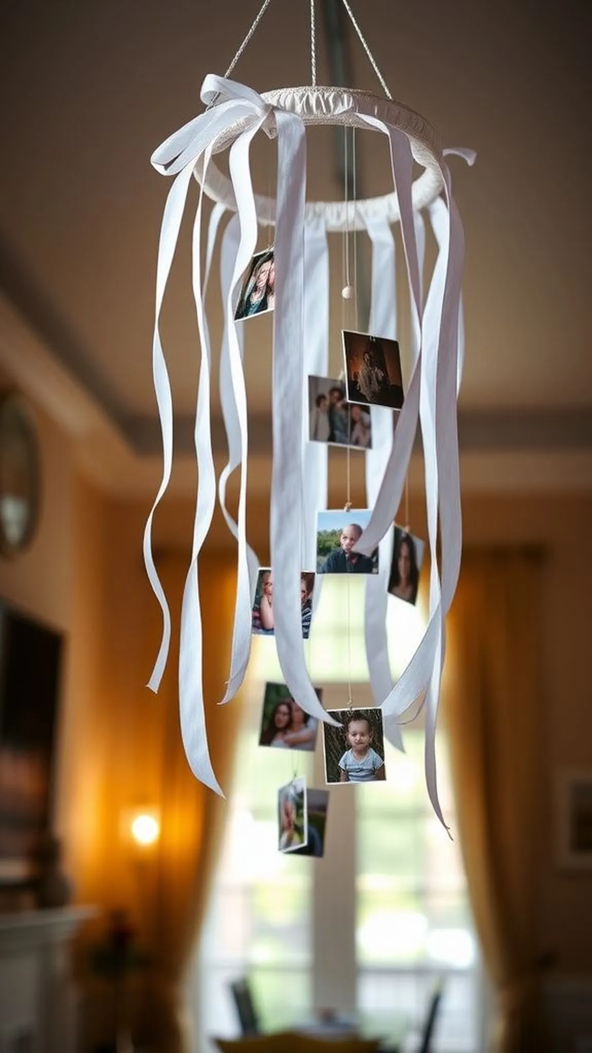 Graduation photo mobile with ribbons and printed memories