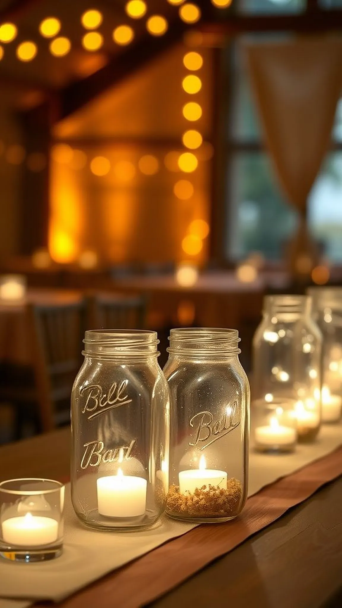 Mason jar centerpieces glowing with tiny lights