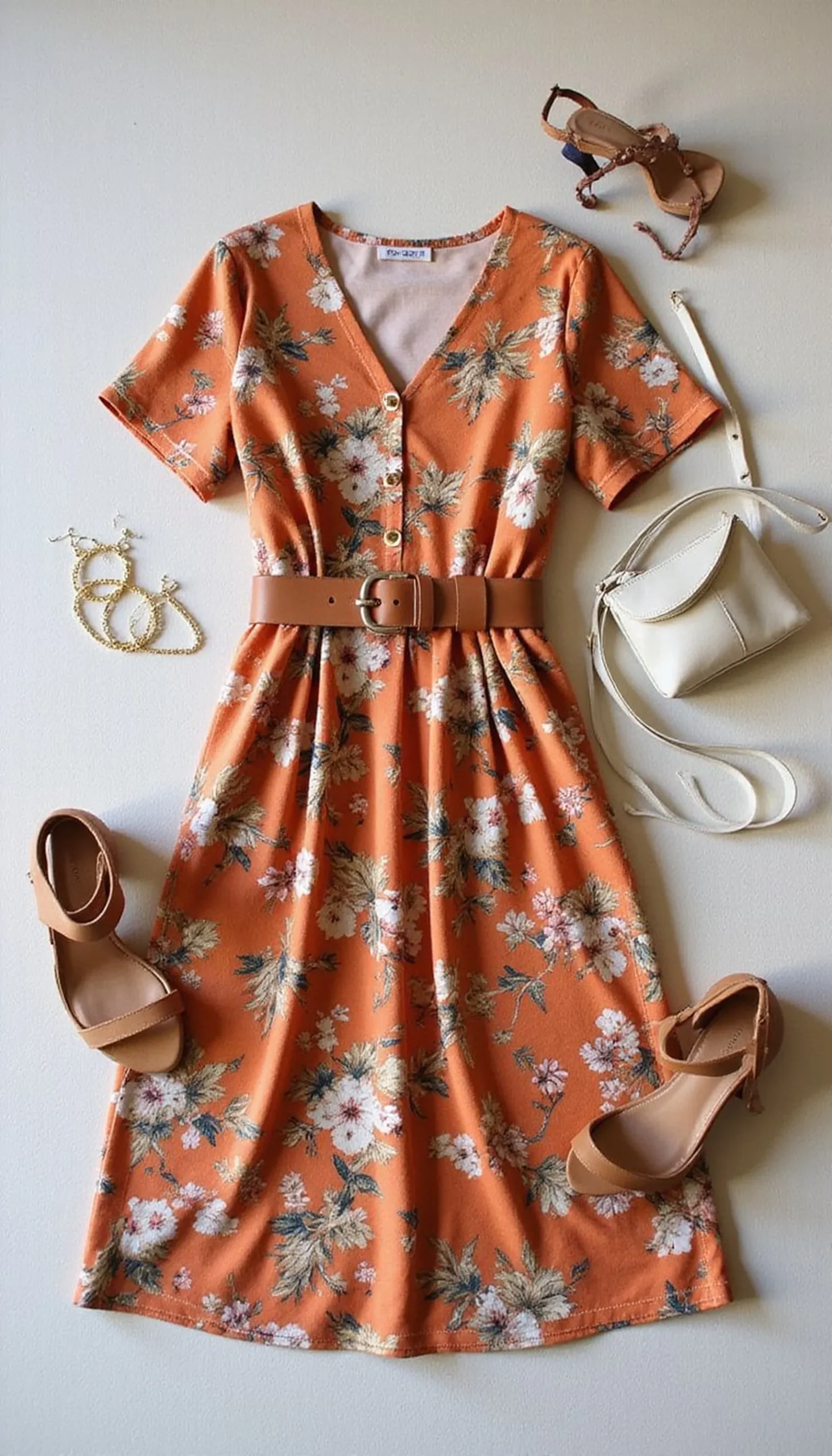 Bold floral dress with muted accessories for balance