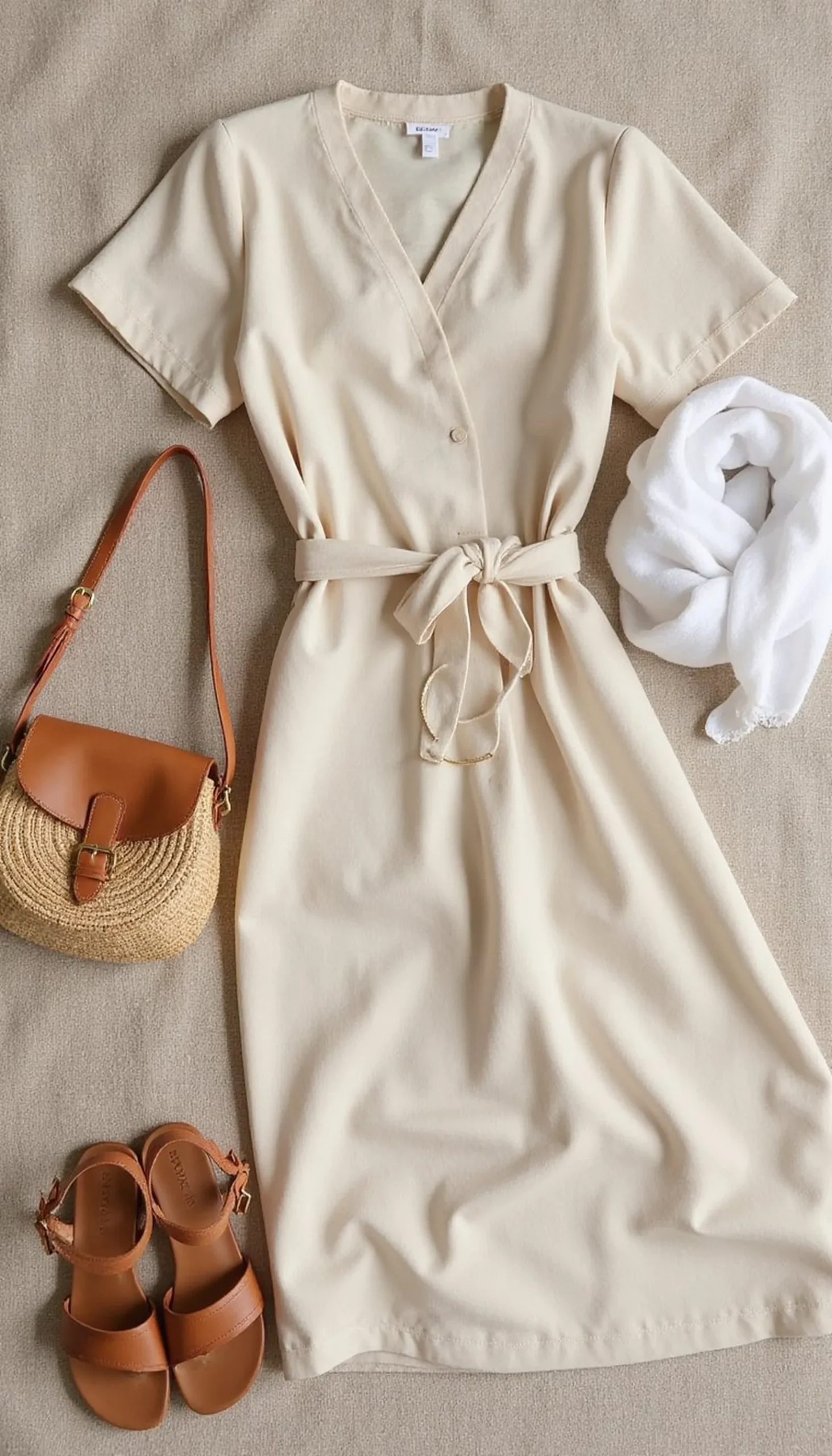 Linen wrap dress with a straw saddle bag