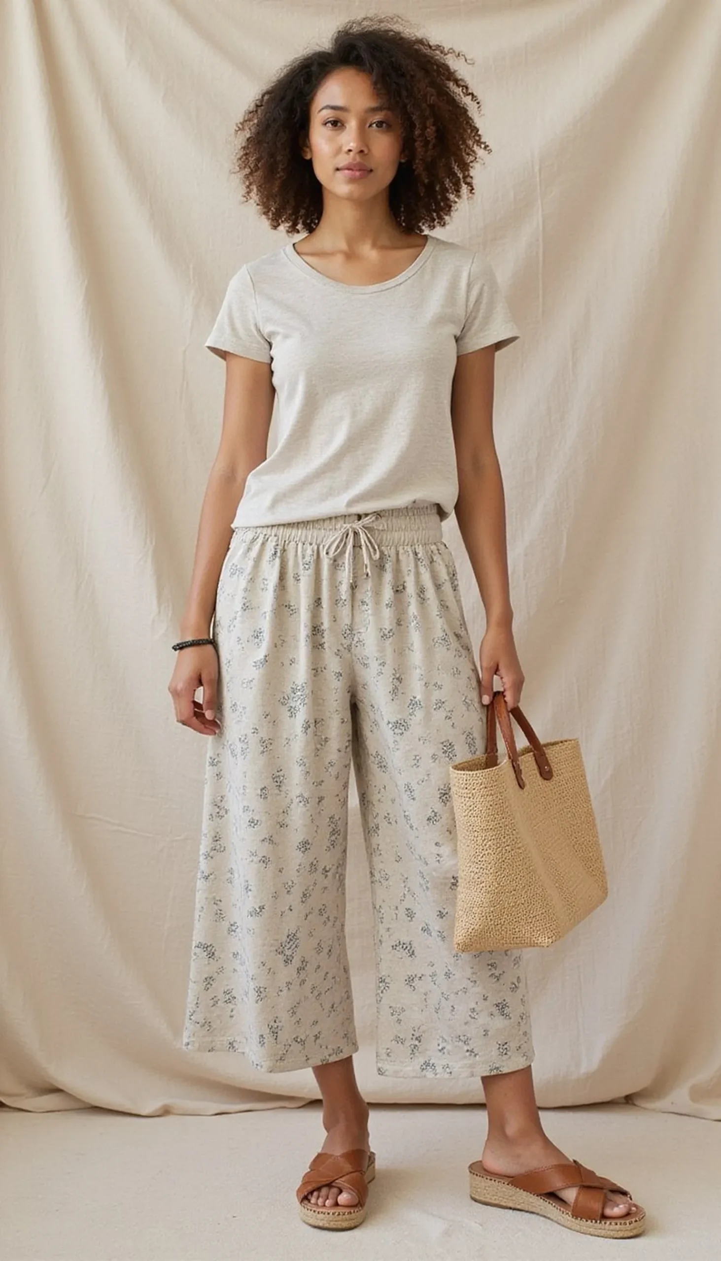 Neutral tee with printed culottes for playful proportion
