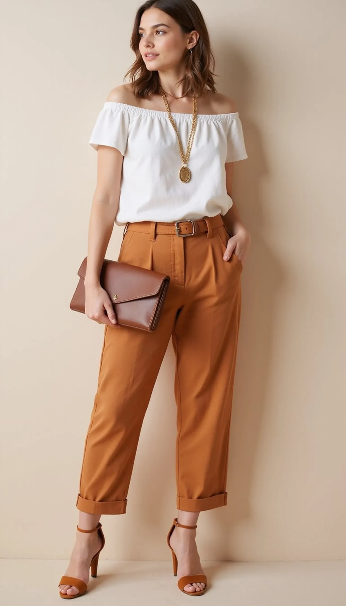 Off-shoulder top paired with high-waist trousers
