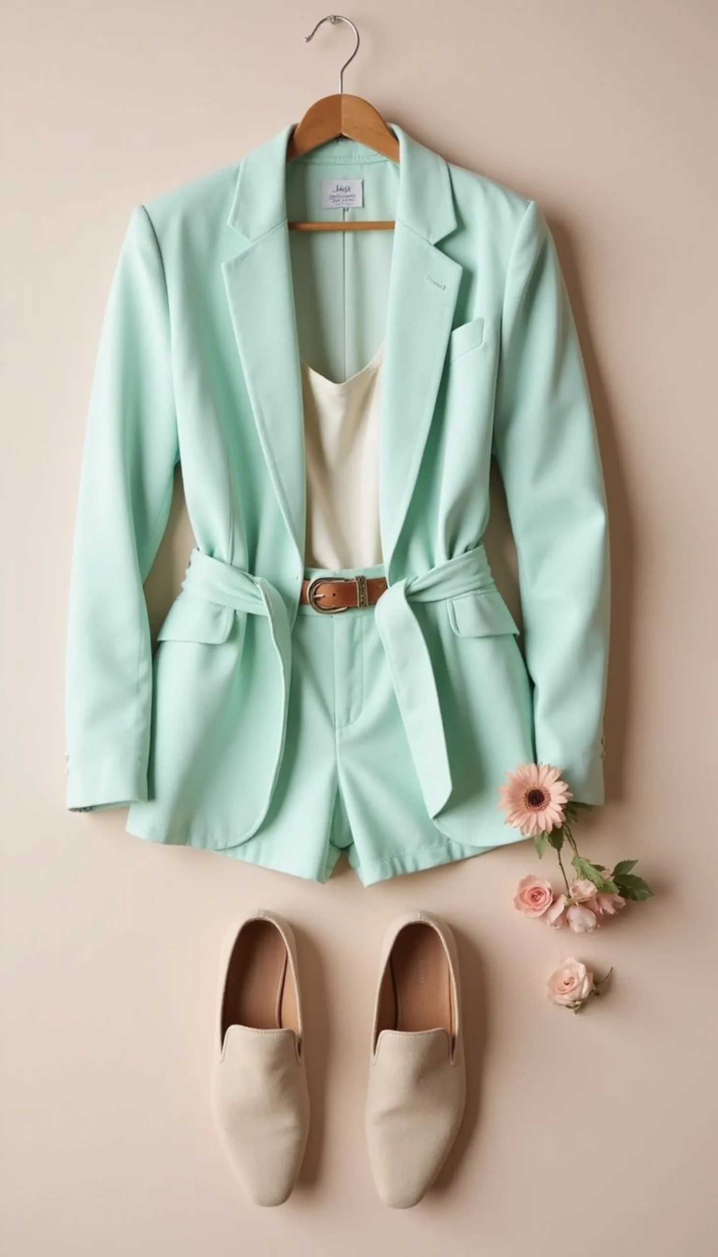 Pastel blazer with tailored shorts for brunch-ready style