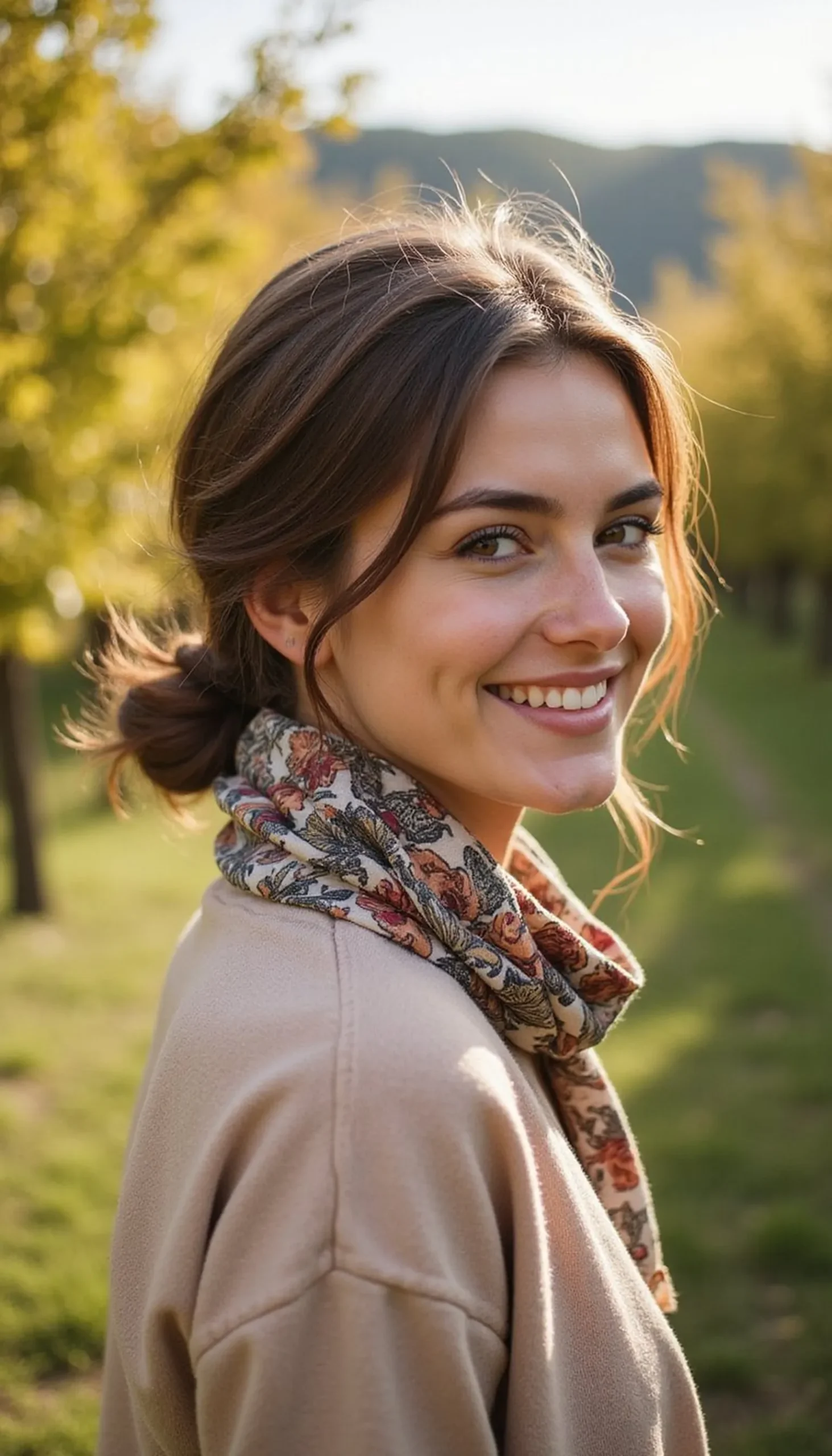 Tousled Low Bun With Printed Scarf Wrap