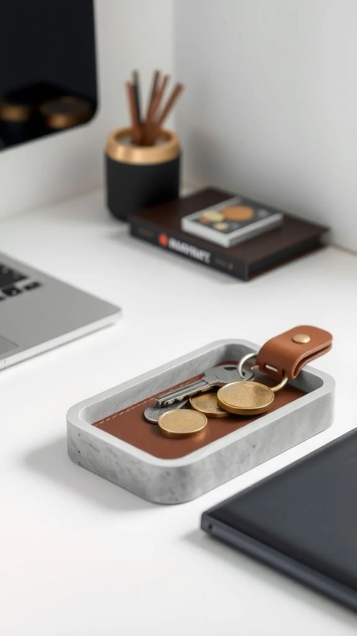 Minimalist concrete and leather desk tray