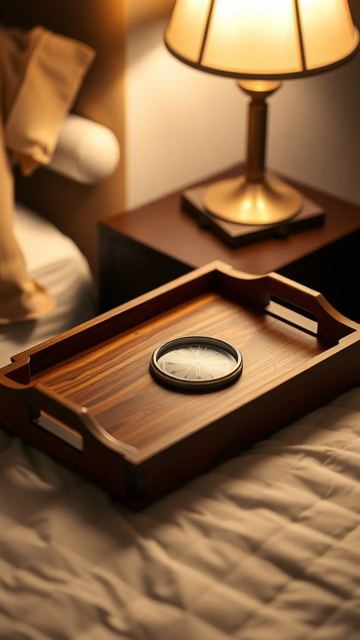 Wooden valet tray with inlaid compass detail