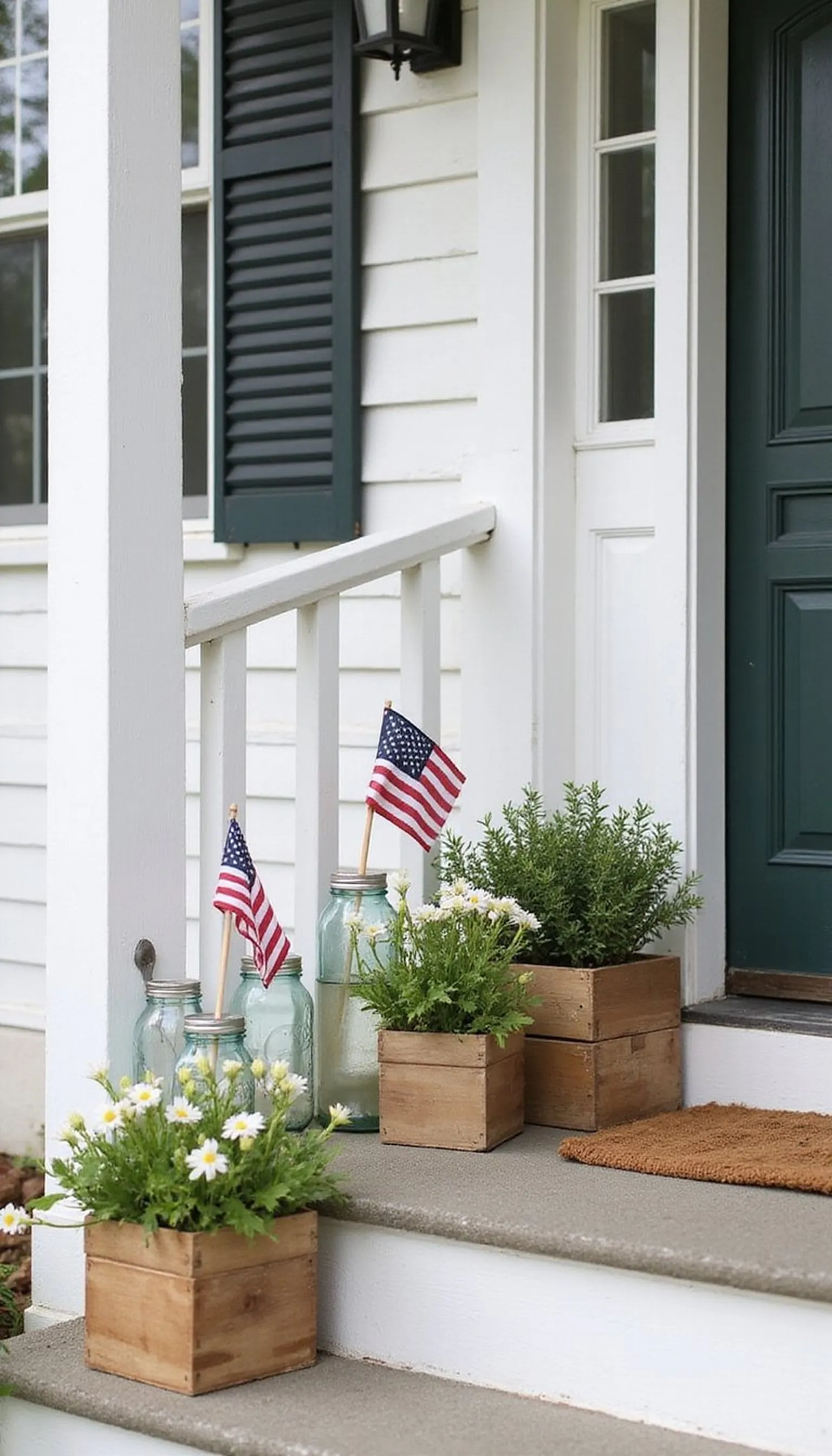 Porch Post Flags in Mason Jars and Boxes