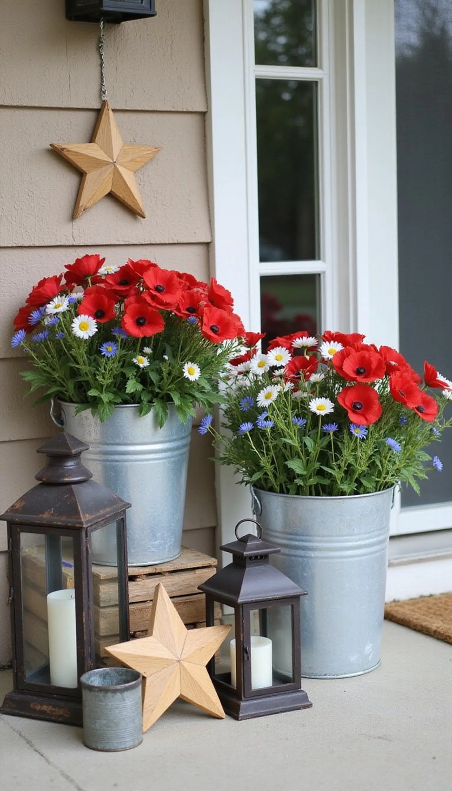 Stacked Lanterns and Flower-Filled Buckets