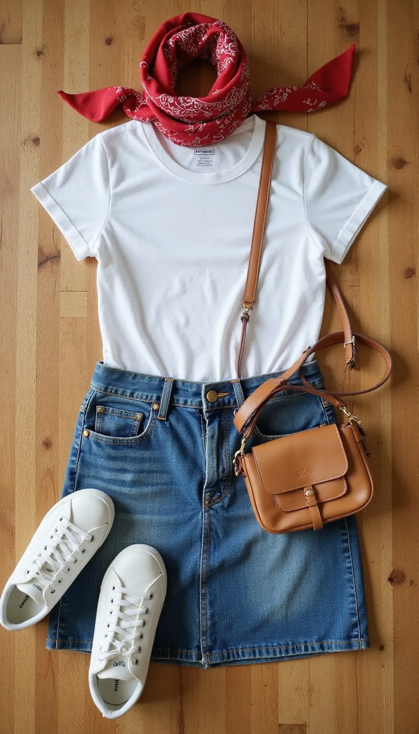 A bandana and denim skirt pairing