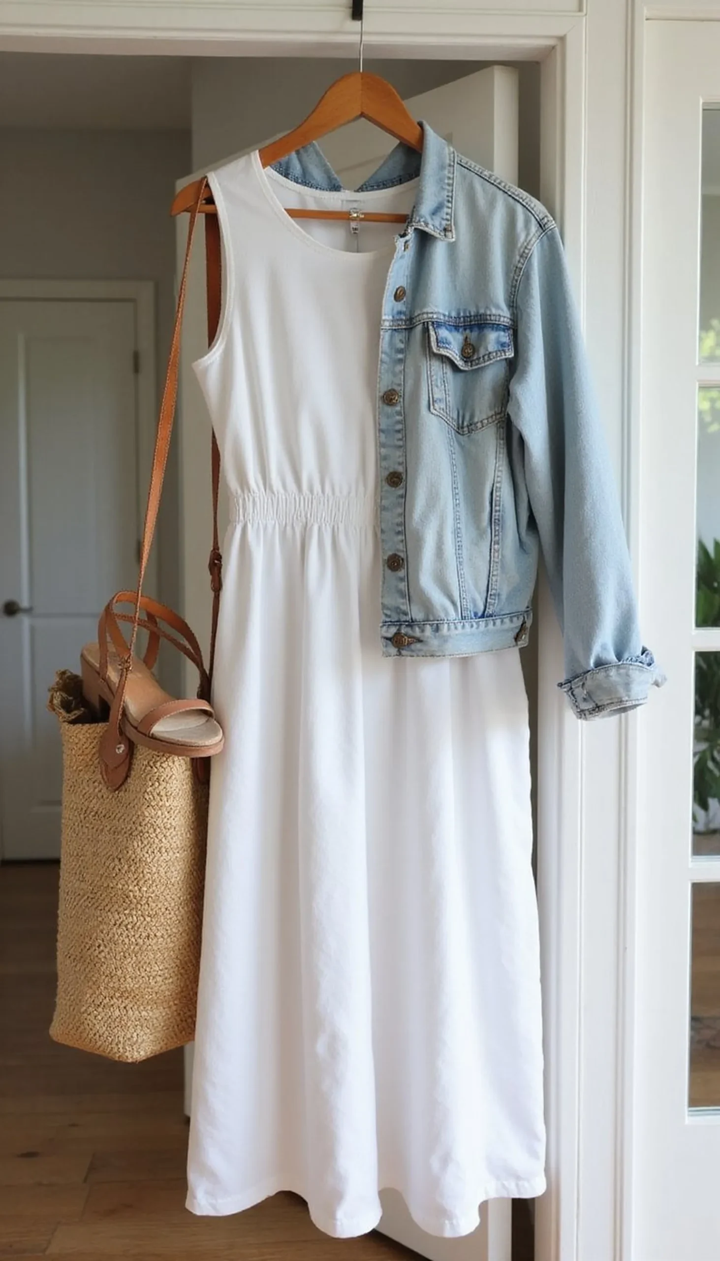 Classic white sundress with denim jacket