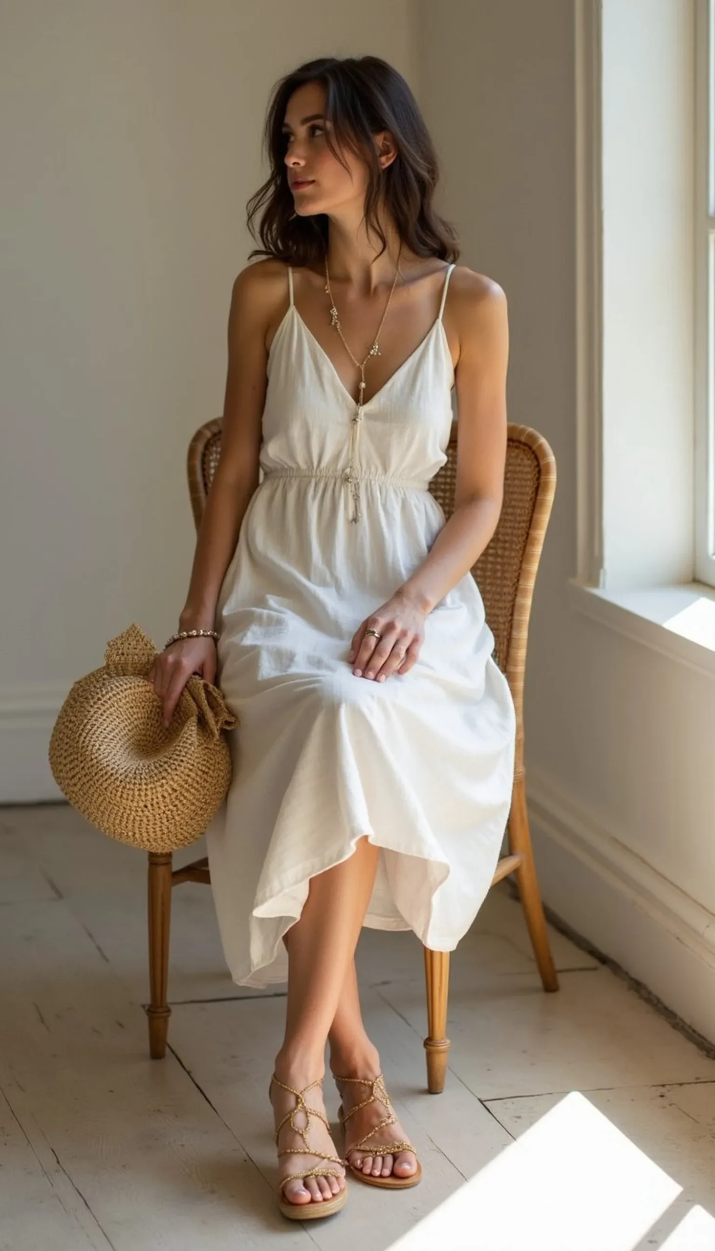 Linen sundress with woven accessories