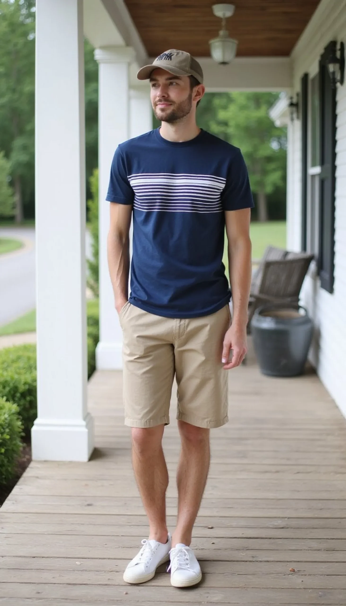 Sporty stripes with chino shorts and sneakers