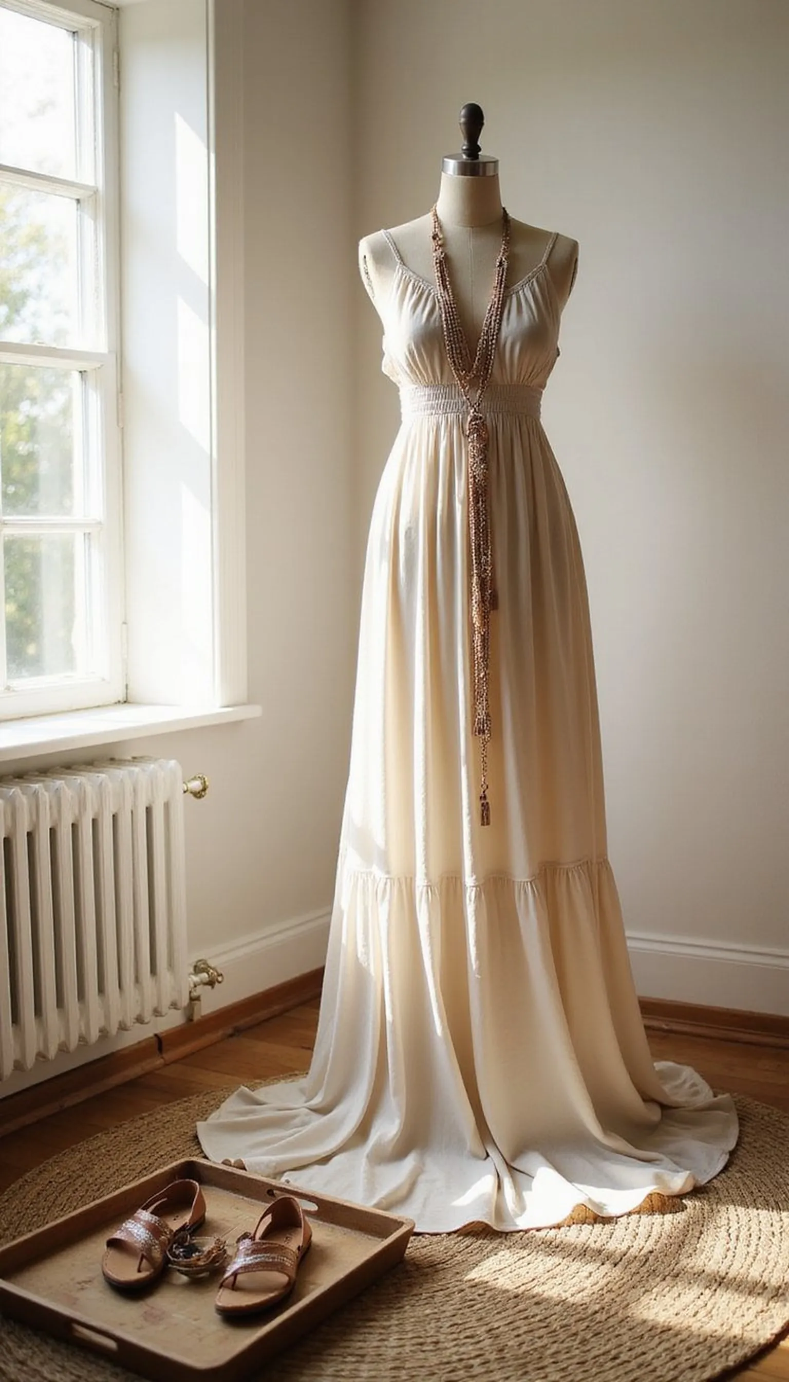 Boho maxi with layered textures and jewelry