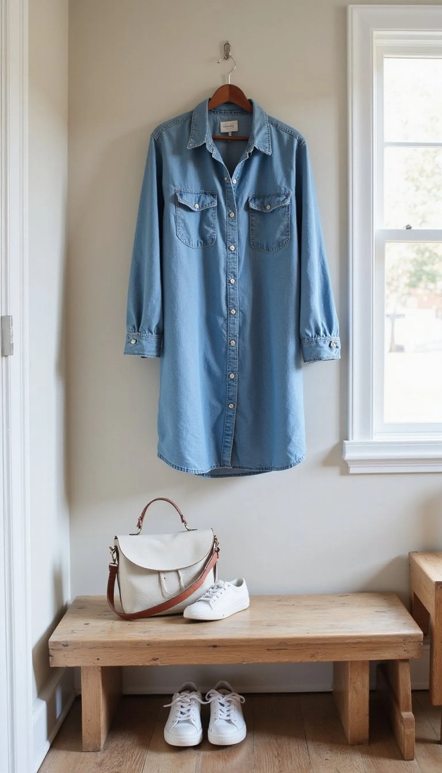 Casual denim shirtdress with soft accessories