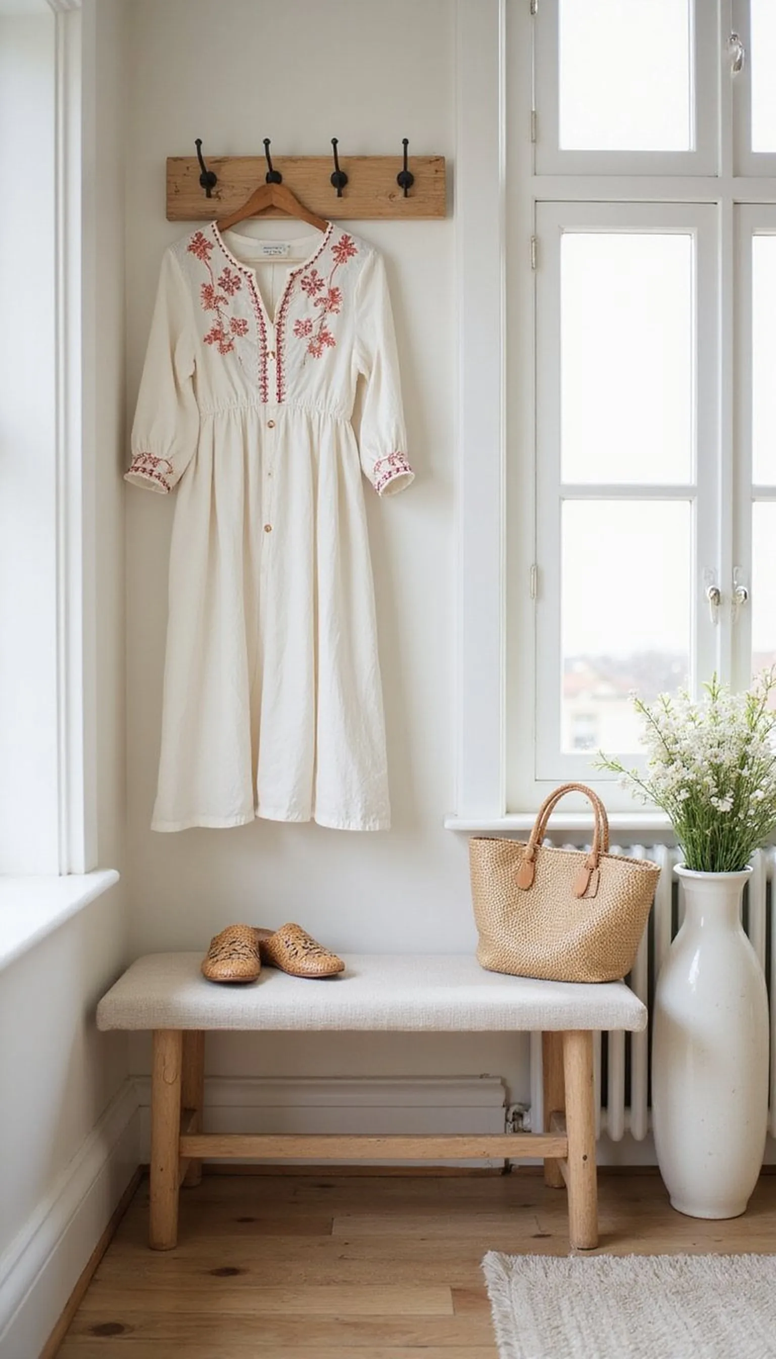 Cottage-core dress with delicate floral embroidery