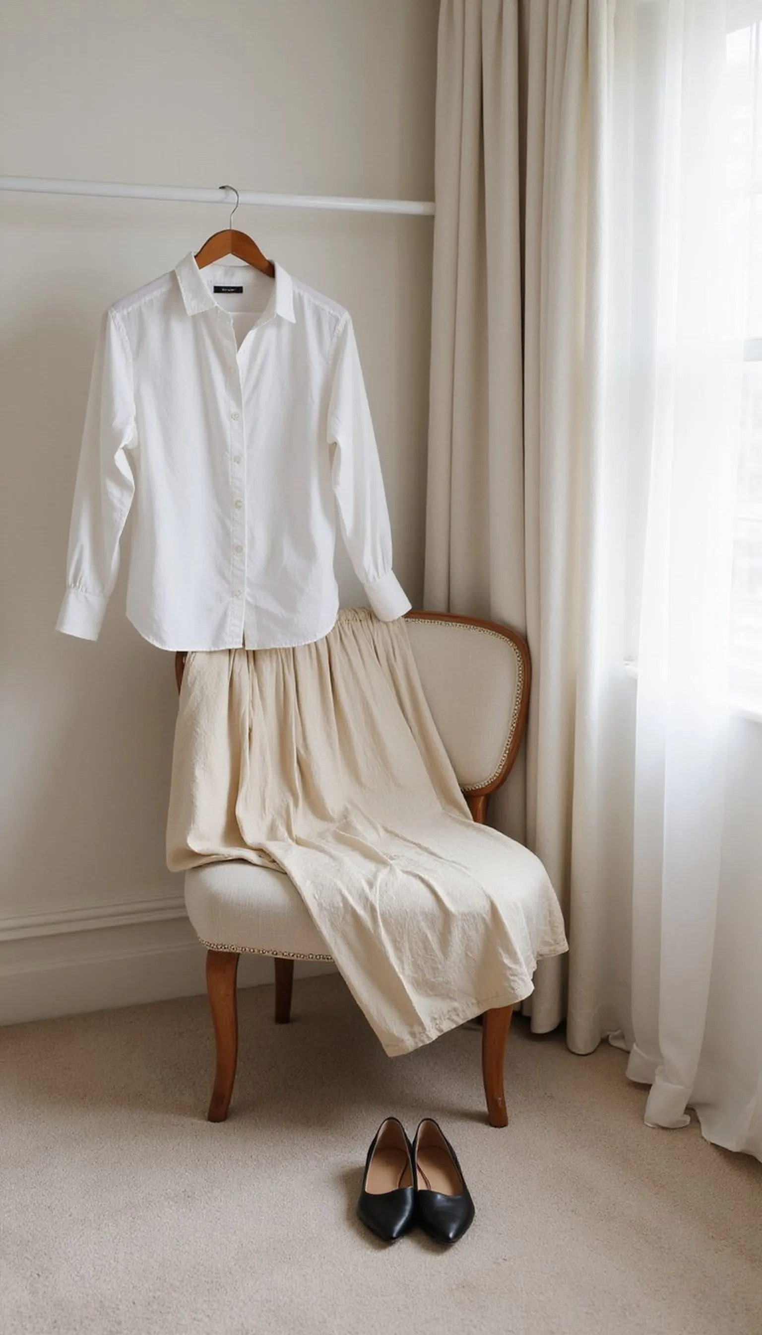 Crisp white shirt with a pleated midi skirt