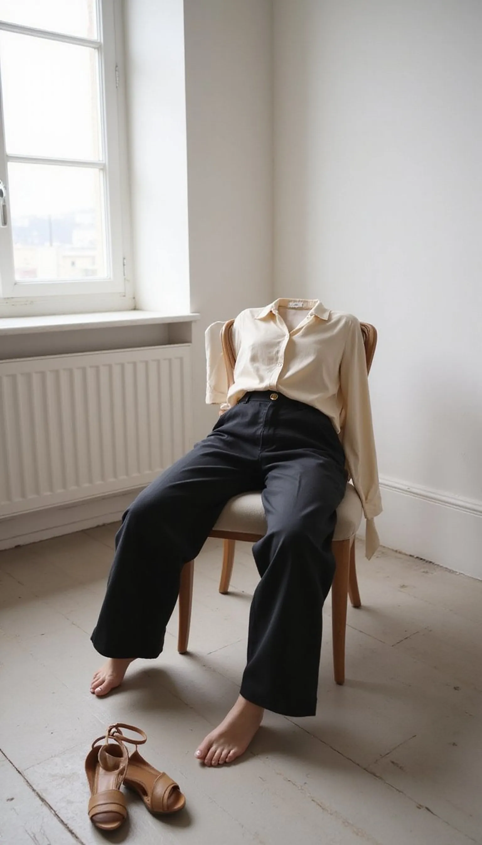 High-waisted wide-leg pants and silk blouse