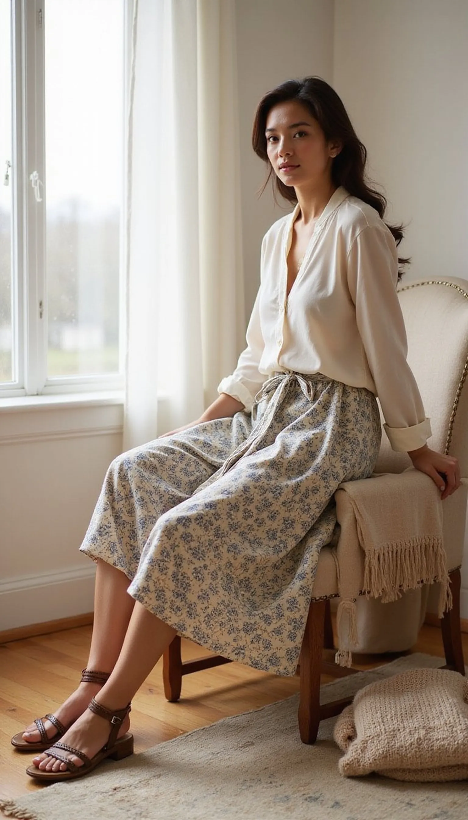 Midi wrap skirt with a lightweight sweater