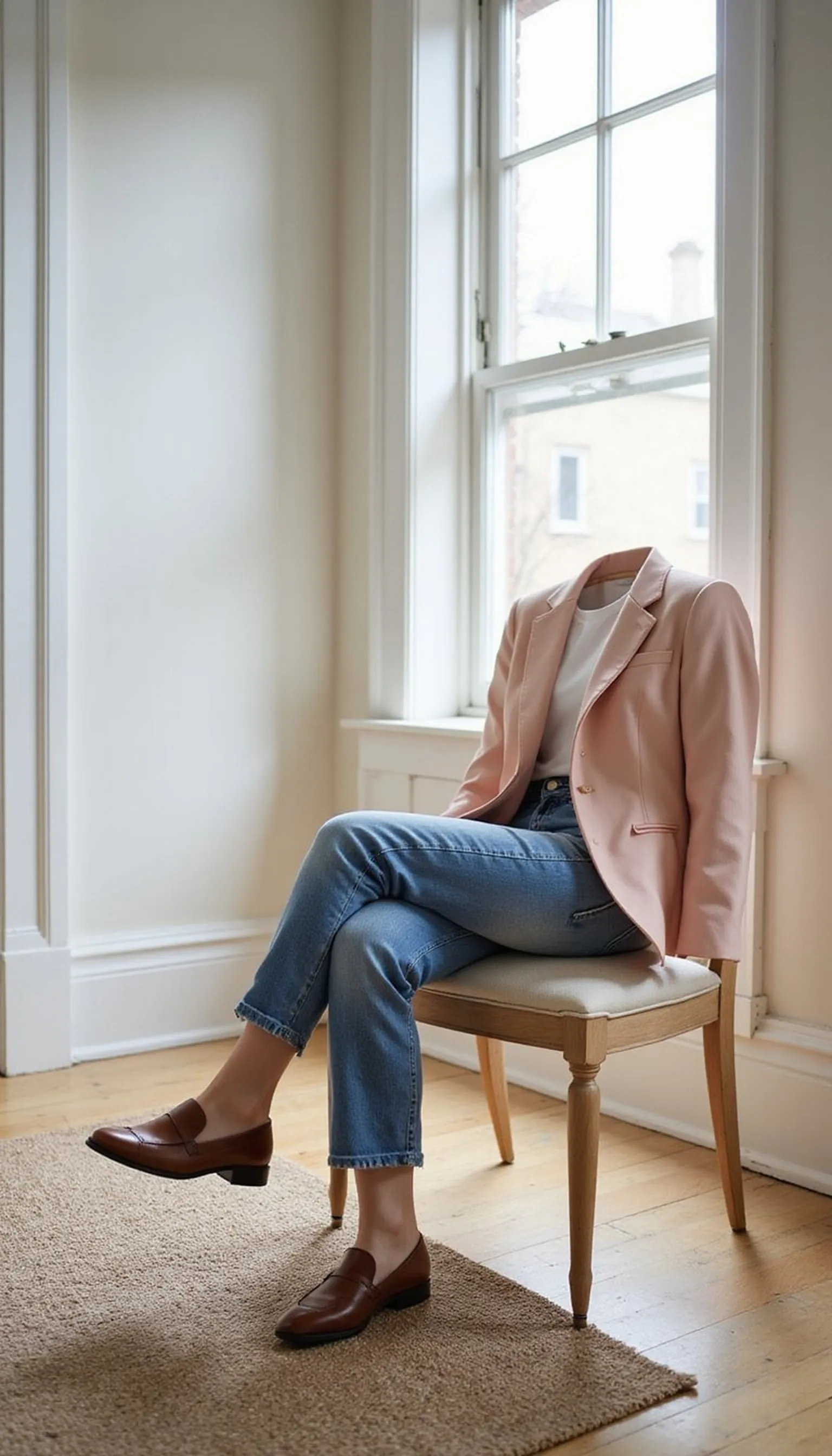Pastel blazer over jeans for casual polish
